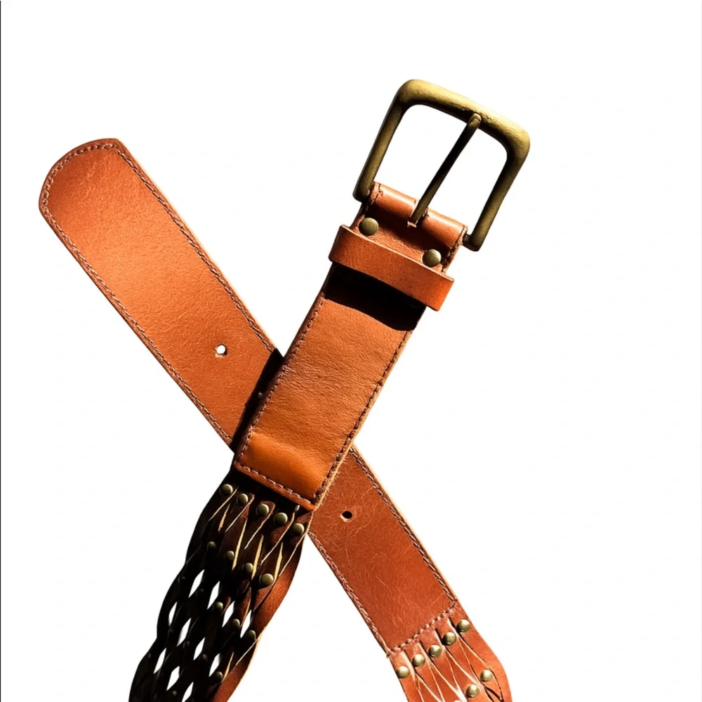 Hollister Size Large 35”-39” Brown Woven Genuine 100% Leather Studded Wide Belt